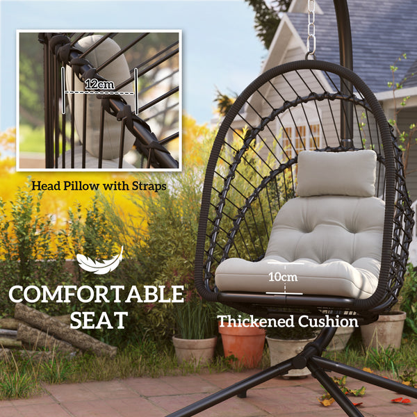 Outdoor PE Rattan Swing Chair with Cushion, Garden Foldable Basket Patio Hanging Egg Chair with Metal Stand, Headrest, for Indoor and Outdoor, Black