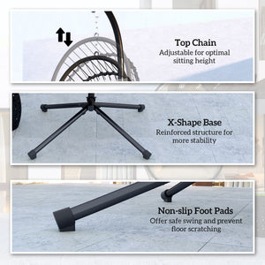Outdoor PE Rattan Swing Chair with Cushion, Garden Foldable Basket Patio Hanging Egg Chair with Metal Stand, Headrest, for Indoor and Outdoor, Black