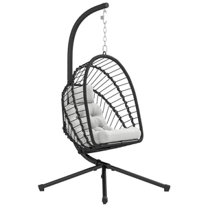 Outdoor PE Rattan Swing Chair with Cushion, Garden Foldable Basket Patio Hanging Egg Chair with Metal Stand, Headrest, for Indoor and Outdoor, Black