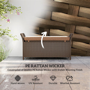 2-In-1 Patio Wicker Storage Bench, 29 Gallon Outdoor PE Rattan Patio Furniture, Large Capacity Rectangle Basket Box with Handles and Cushion, Tan