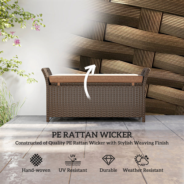 2-In-1 Patio Wicker Storage Bench, 29 Gallon Outdoor PE Rattan Patio Furniture, Large Capacity Rectangle Basket Box with Handles and Cushion, Tan