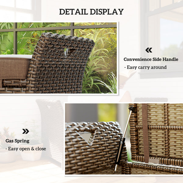 2-In-1 Patio Wicker Storage Bench, 29 Gallon Outdoor PE Rattan Patio Furniture, Large Capacity Rectangle Basket Box with Handles and Cushion, Tan