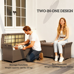 2-In-1 Patio Wicker Storage Bench, 29 Gallon Outdoor PE Rattan Patio Furniture, Large Capacity Rectangle Basket Box with Handles and Cushion, Tan