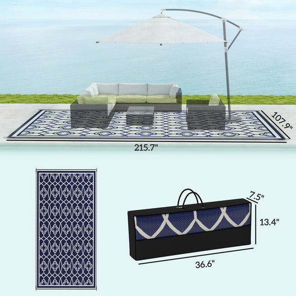 Outsunny Reversible Outdoor Rug, 9' x 18' Waterproof Plastic Straw Floor Mat, Portable RV Camping Carpet, Large Floor Mat for Backyard, Deck, Picnic, Beach, Blue & White Lantern