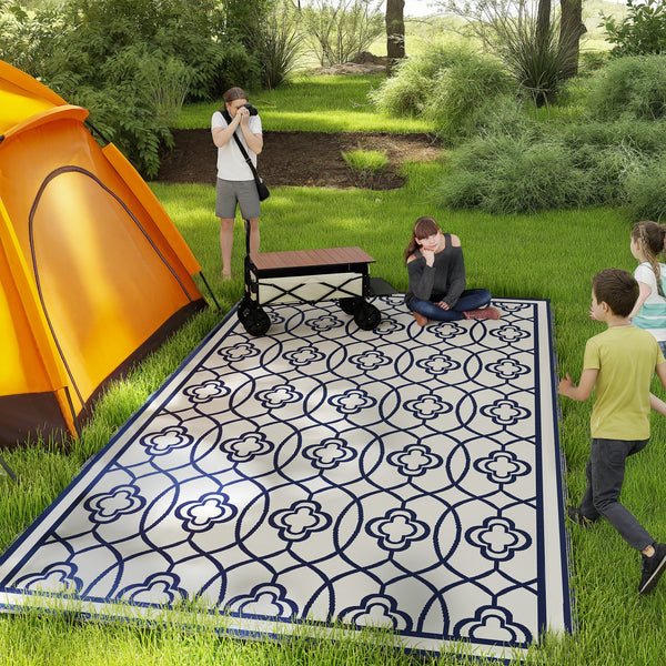 Outsunny Reversible Outdoor Rug, 9' x 18' Waterproof Plastic Straw Floor Mat, Portable RV Camping Carpet, Large Floor Mat for Backyard, Deck, Picnic, Beach, Blue & White Lantern