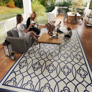 Outsunny Reversible Outdoor Rug, 9' x 18' Waterproof Plastic Straw Floor Mat, Portable RV Camping Carpet, Large Floor Mat for Backyard, Deck, Picnic, Beach, Blue & White Lantern