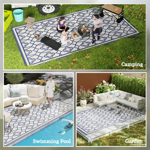 Outsunny Reversible Outdoor Rug, 9' x 18' Waterproof Plastic Straw Floor Mat, Portable RV Camping Carpet, Large Floor Mat for Backyard, Deck, Picnic, Beach, Blue & White Lantern