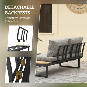 3 Pieces Sectional Patio Furniture Set with 2 Loveseats, WPC Coffee Table, L Shaped Aluminum Outdoor Furniture Sofa Set with Removable Backs, Thick Cushions, Light Grey