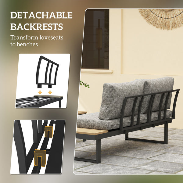 3 Pieces Sectional Patio Furniture Set with 2 Loveseats, WPC Coffee Table, L Shaped Aluminum Outdoor Furniture Sofa Set with Removable Backs, Thick Cushions, Light Grey