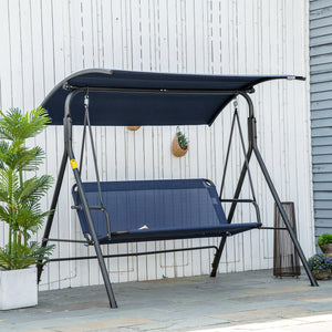 Outsunny 3-Person Porch Swing with Stand, Outdoor Swing for Patio Porch with Adjustable Tilt Canopy and Comfortable Swing Bench-Style Seat, Steel Frame, Dark Blue