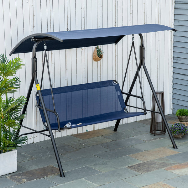 Outsunny 3-Person Porch Swing with Stand, Outdoor Swing for Patio Porch with Adjustable Tilt Canopy and Comfortable Swing Bench-Style Seat, Steel Frame, Dark Blue