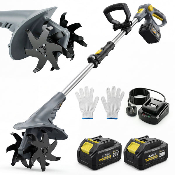 Cordless Tiller, 18V Electric Garden Rotavator with 2 x 4000mAh Batteries, Charger, 20cm Tilling Width & 18cm Depth, 4 Blades, Aluminium Shaft, Adjustable Handle for Weeding, Loosening Soil