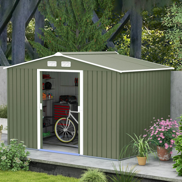 9 x 6ft Metal Garden Shed, Outdoor Storage Tool House with Ventilation Slots, Foundation Kit and Lockable Double Doors, Light Green