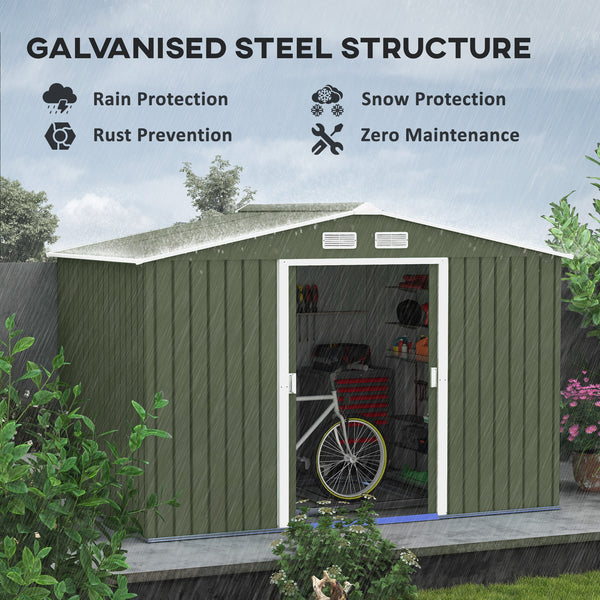 Outsunny 9' x 6' Outdoor Storage Shed, Garden Tool Metal Shed with Foundation Kit, Double Lockable Door, Air Vents and Sloping Roof, for Backyard, Patio, Lawn, Green