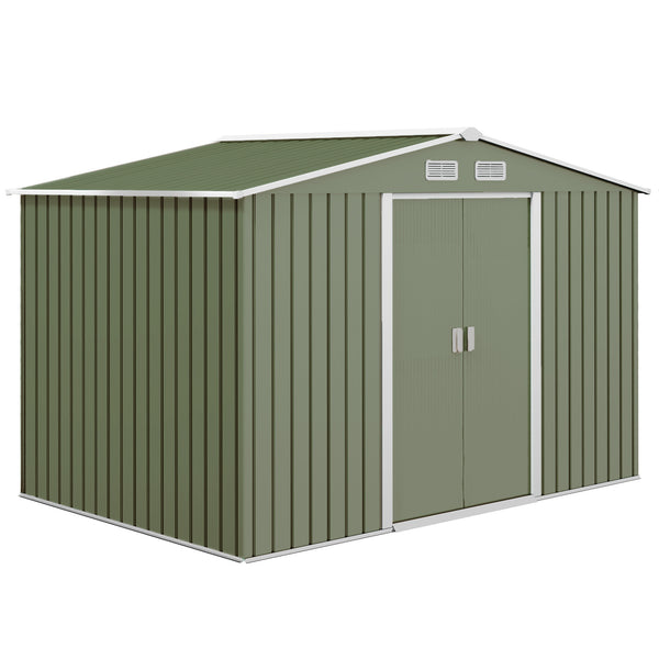 Outsunny 9' x 6' Outdoor Storage Shed, Garden Tool Metal Shed with Foundation Kit, Double Lockable Door, Air Vents and Sloping Roof, for Backyard, Patio, Lawn, Green