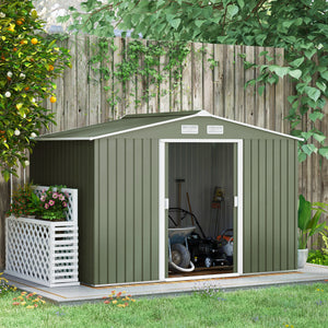 Outsunny 9' x 6' Outdoor Storage Shed, Garden Tool Metal Shed with Foundation Kit, Double Lockable Door, Air Vents and Sloping Roof, for Backyard, Patio, Lawn, Green