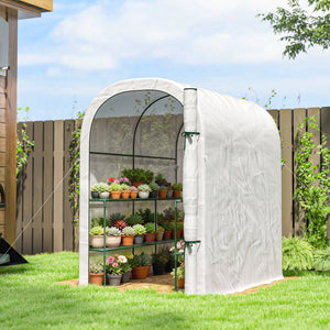 Walk-in Greenhouse with Shelves, Small Greenhouse with Roll-up Door, Garden Plant Growhouse with PE Cover, 123 x 187 x 189 cm, White