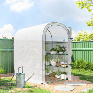 Walk-in Greenhouse with Shelves, Small Greenhouse with Roll-up Door, Garden Plant Growhouse with PE Cover, 123 x 187 x 189 cm, White