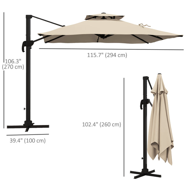 10ft Square Cantilever Patio Umbrella, 360° Rotating Overhanging Umbrella with Cross Base, Crank Handle, Double Canopy, 8 Ribs, 250gsm Polyester, Khaki