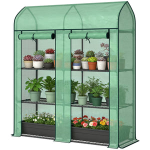 3 Tier Mini Greenhouse, 56.3" x 18.1" x 65" Small Portable Greenhouse with 2 Roll-up Doors, Garden Plant Growhouse with PE Cover for Indoor Outdoor, Green