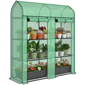 3 Tier Mini Greenhouse, 56.3" x 18.1" x 65" Small Portable Greenhouse with 2 Roll-up Doors, Garden Plant Growhouse with PE Cover for Indoor Outdoor, Green