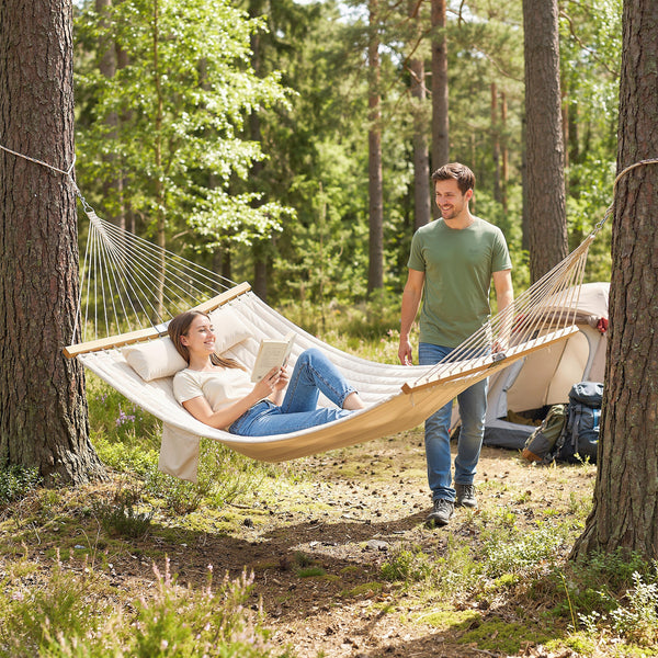 Double Hammock 2-Person with Pillow and Pad, Extra Large 200 x 140 cm, Load Capacity 200 kg, Swing Bed for Patio Porch Garden Lounging Outdoor and Indoor Cream White