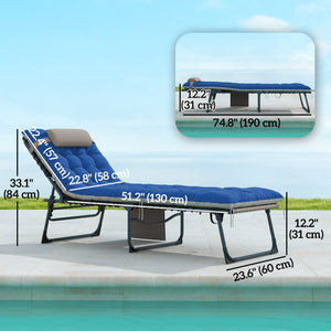 Folding Outdoor Lounge Chair Set of 2, 5-Position Reclining Patio Chaise Lounge Chairs, Tanning Chair with Cushion, Headrest, Side Pocket for Beach, Poolside, Brown/Blue
