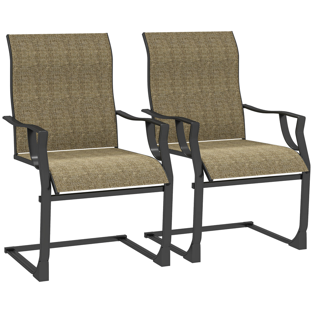 Outsunny Patio Dining Chairs Set of 2, Outdoor C Spring Dining Chairs Set w/ High Back, Armrest, Breathable Fabric & Metal Frame, Heavy Duty Outdoor Chairs for Backyard, Deck, 256LBS, Light Brown