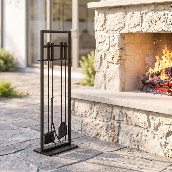 Fireplace Tools Set 5 Pieces Metal Fire Place Kit, Outdoor Indoor Fireside Accessories with Brush, Shovel, Poker, A Pair of Tongs, Stand, Black