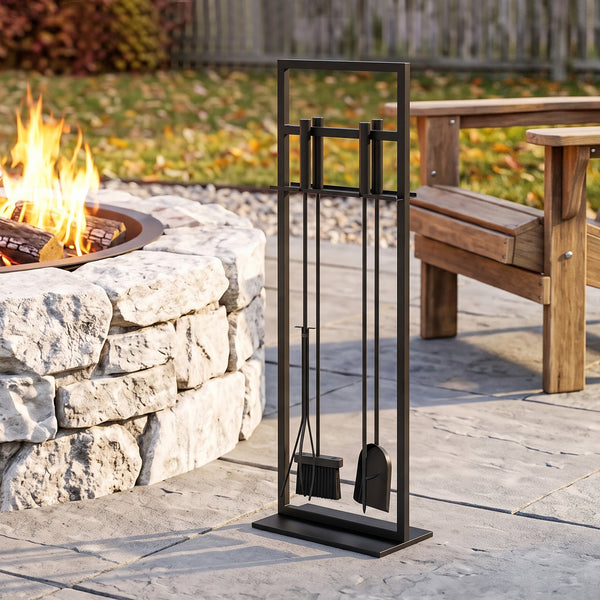Fireplace Tools Set 5 Pieces Metal Fire Place Kit, Outdoor Indoor Fireside Accessories with Brush, Shovel, Poker, A Pair of Tongs, Stand, Black