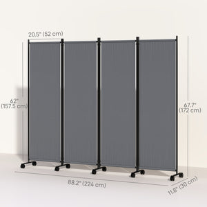 4 Panel Folding Room Divider with Lockable Wheels, 5.6ft Rolling Privacy Screen, Portable Freestanding Room Partition Separator for Home Office Bedroom, Dark Grey