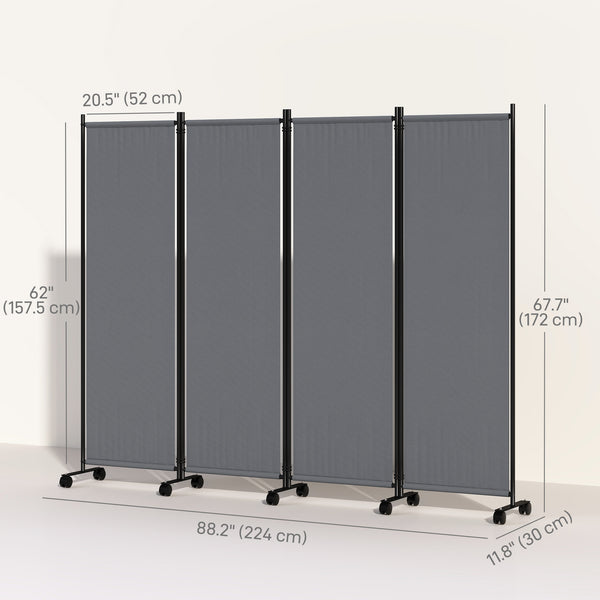 4 Panel Folding Room Divider with Lockable Wheels, 5.6ft Rolling Privacy Screen, Portable Freestanding Room Partition Separator for Home Office Bedroom, Dark Grey