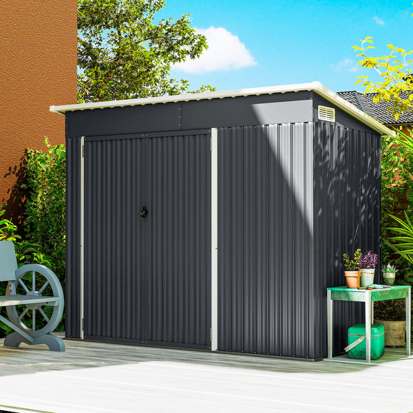 7.5' x 4.3' Outdoor Storage Shed, Waterproof Metal Garden Shed with Gloves, Lockable Doors, Vents and Pitched Roof for Backyard, Patio, Lawn, Poolside, Dark Grey