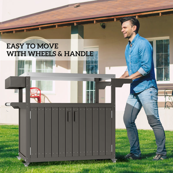 Outdoor Bar Cart with Storage Cabinet, Stainless Steel Top Kitchen Island on Wheels, HDPE Outdoor Bar Table, Movable Patio Beverage Food Prep Table for BBQ Picnic, Dark Gray