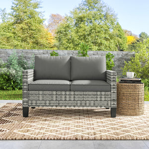 2 Seater Rattan Sofa with Cushions, Wicker Garden Loveseat with Armrests, Outdoor Garden Sofa Couch with Steel Frame for Balcony, Porch, Light Grey