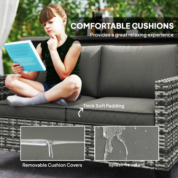 2 Seater Rattan Sofa with Cushions, Wicker Garden Loveseat with Armrests, Outdoor Garden Sofa Couch with Steel Frame for Balcony, Porch, Light Grey