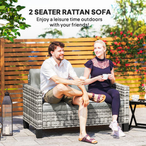 2 Seater Rattan Sofa with Cushions, Wicker Garden Loveseat with Armrests, Outdoor Garden Sofa Couch with Steel Frame for Balcony, Porch, Light Grey