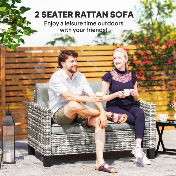 2 Seater Rattan Sofa with Cushions, Wicker Garden Loveseat with Armrests, Outdoor Garden Sofa Couch with Steel Frame for Balcony, Porch, Light Grey