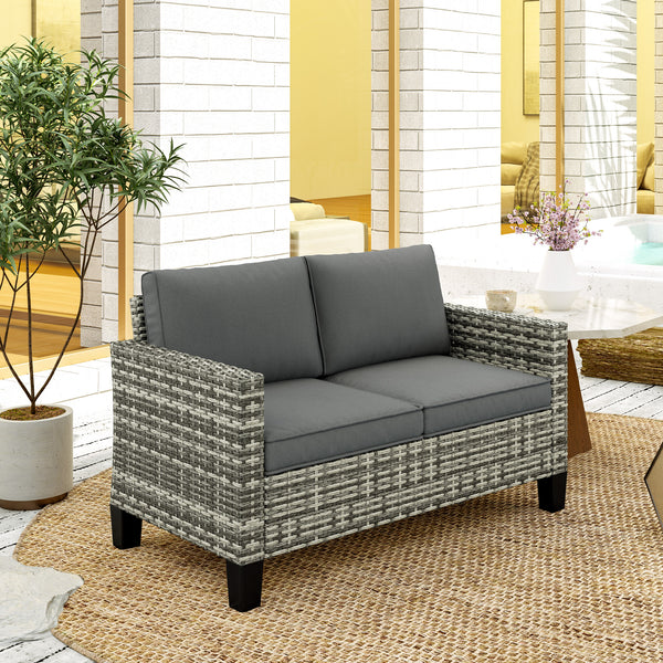 2 Seater Rattan Sofa with Cushions, Wicker Garden Loveseat with Armrests, Outdoor Garden Sofa Couch with Steel Frame for Balcony, Porch, Light Grey