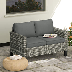 2 Seater Rattan Sofa with Cushions, Wicker Garden Loveseat with Armrests, Outdoor Garden Sofa Couch with Steel Frame for Balcony, Porch, Light Grey