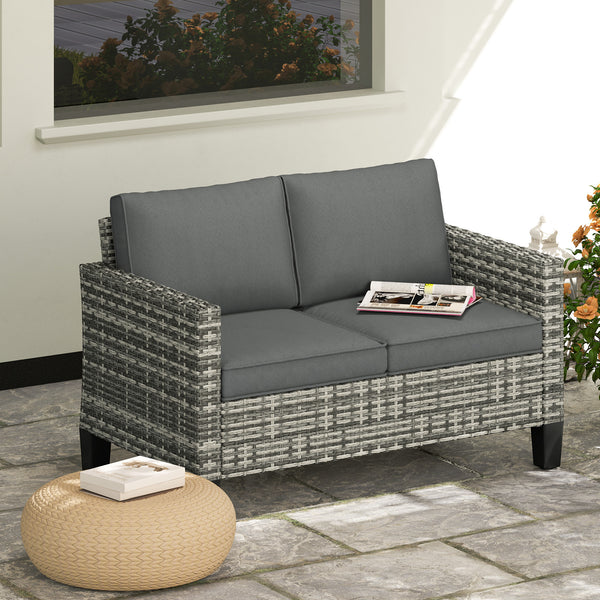 2 Seater Rattan Sofa with Cushions, Wicker Garden Loveseat with Armrests, Outdoor Garden Sofa Couch with Steel Frame for Balcony, Porch, Light Grey