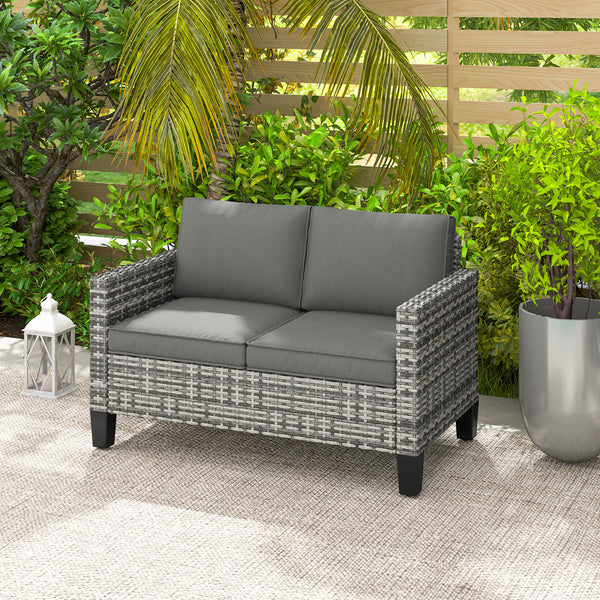 2 Seater Rattan Sofa with Cushions, Wicker Garden Loveseat with Armrests, Outdoor Garden Sofa Couch with Steel Frame for Balcony, Porch, Light Grey