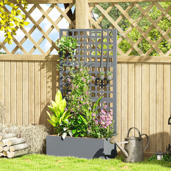 Outsunny Galvanized Raised Garden Bed with Trellis, Metal Planter Box with Drainage Holes, Outdoor Privacy Screen for Climbing Plants, Vegetable, Vines, 35" x 16" x 70", Gray