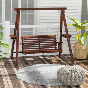 Outsunny 2-Seat Porch Swing Loveseat with Stand and Side Tables, Wooden Patio Swing Chair, for Garden, Poolside, Backyard, Carbonized