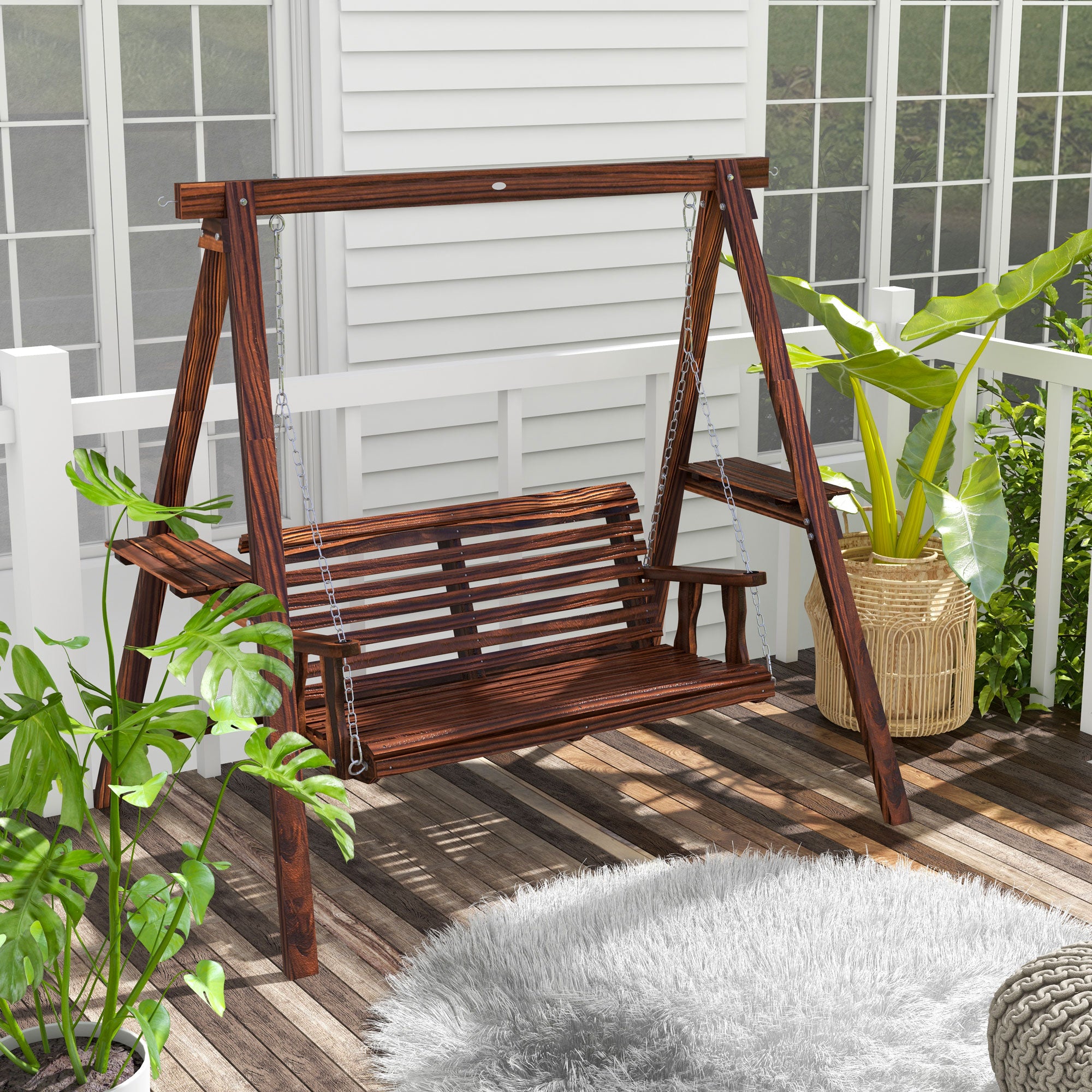 Outsunny 2-Seat Outdoor Swing Chair with Stand Side Tables