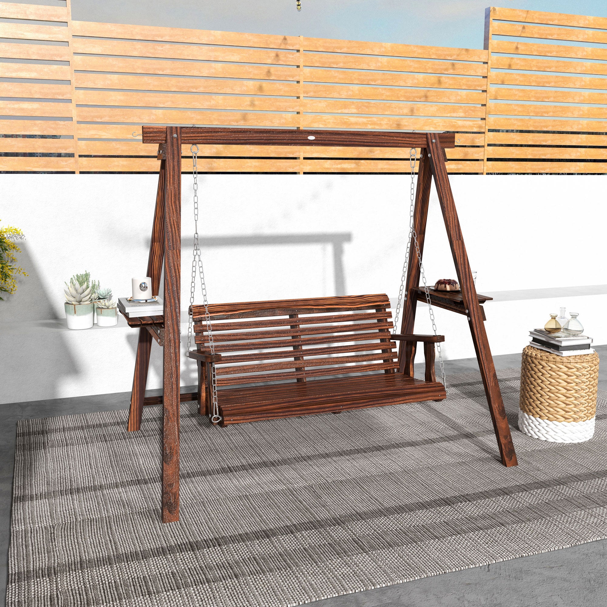 Outsunny 2-Seat Outdoor Swing Chair with Stand & Side Tables