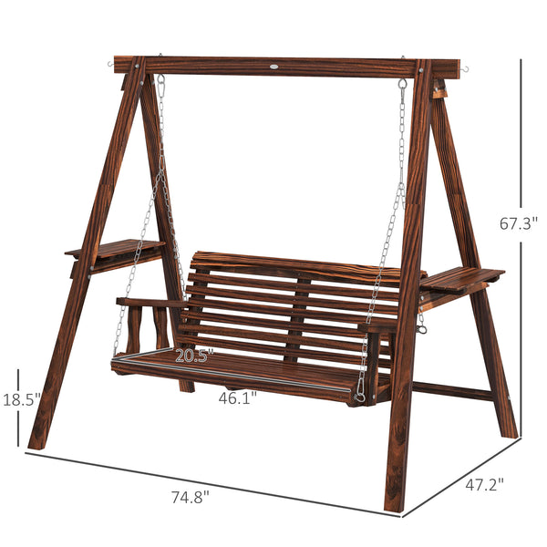 Outsunny 2-Seat Porch Swing Loveseat with Stand and Side Tables, Wooden Patio Swing Chair, for Garden, Poolside, Backyard, Carbonized