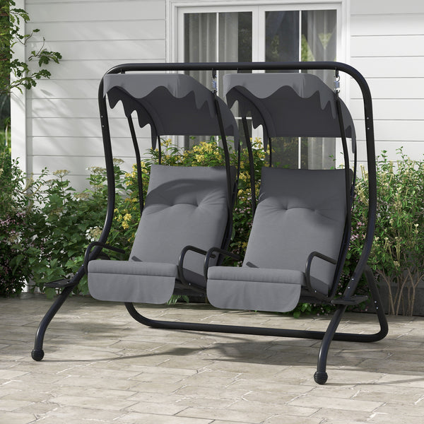 Canopy Swing Chair Modern Garden Swing Seat Outdoor Relax Chairs w/ 2 Separate Chairs, Cushions and Removable Shade Canopy, Grey
