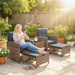 5 Piece Patio Furniture Set, Wicker Patio Chairs with Ottomans, 2-Tier Glass Coffee Table, Cushions, Outdoor Patio Furniture Conversation Set for Balcony, Brown/Dark Grey