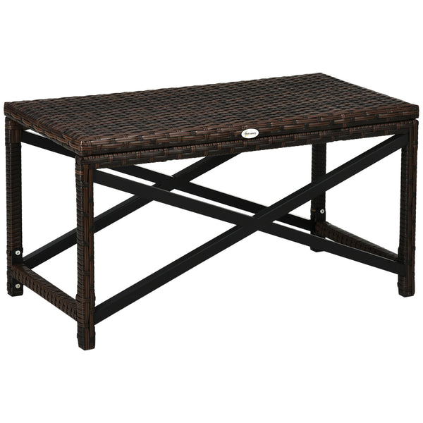 Outdoor Coffee Table, Garden PE Rattan Side Table with Plastic Board Under the Full Woven Table Top and X-Shape Frame for Patio, Balcony, Mixed Brown